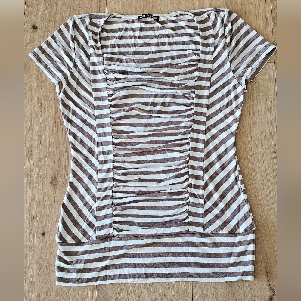 Cable & Gauge Brown and White Striped Short Sleeve Top